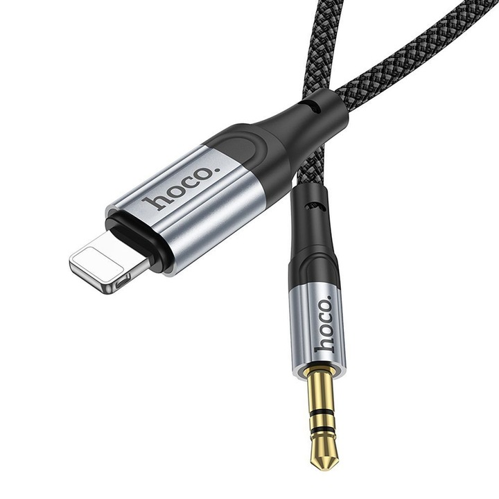 Audio kábel, aux kábel, iPhone 8pin, lightning - jack 3,5mm, szövet bevonat, fekete, 1m, Hoco UPA26