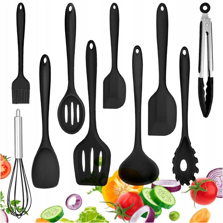 10x Teflon Szilikon Konyhai Eszközök Kanál Spatula Készlet XXL Fekete