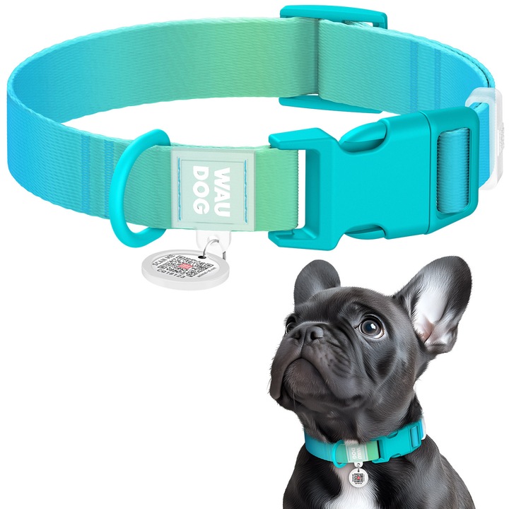 Zgarda pentru caini, WAUDOG, Nylon, Recycled, gradient, cu pasaport QR, fastex din plastic, albastra, L, 33-49 cm, 25 mm