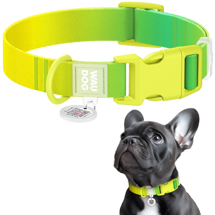 Zgarda pentru caini, WAUDOG, Nylon, Recycled, gradient, cu pasaport QR, fastex din plastic, verde deschis, L, 33-49 cm, 25 mm