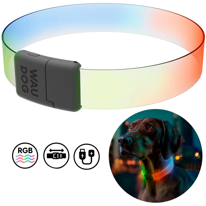 Нашийник за кучета, с осветление, WAUDOG LED, RGB, Type-C, регулируем
