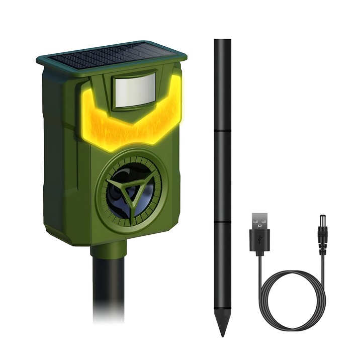 Aparat ultrasonic cu panou solar anti-daunatori, Empionics®, model AR33S, baterie 600mAh, frecventa 13.5–45 kHz, energie solara/type-C, senzor miscare PIR, rezistent la apa, functii anti-insecte, rozatoare, animale mici, pasari, verde