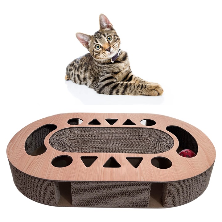 Placa pentru zgariat, jucarie interactiva pentru pisici 3 in 1 – Scratcher din carton ondulat, labirint cu bile si joc cu forme