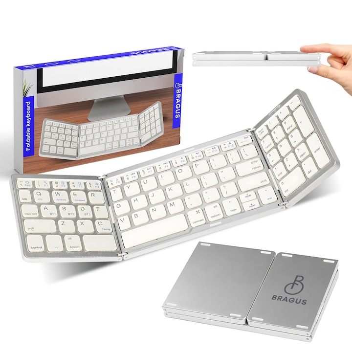Клавиатура Bragus, Bluetooth 5.0, Тънка, Сгъваема, USB зареждане, 100 часа автономност, Преносима, Свързване с до 3 устройства, Съвместима с Android, iOS, Smart TV, Num pad, 200 гр., Бял