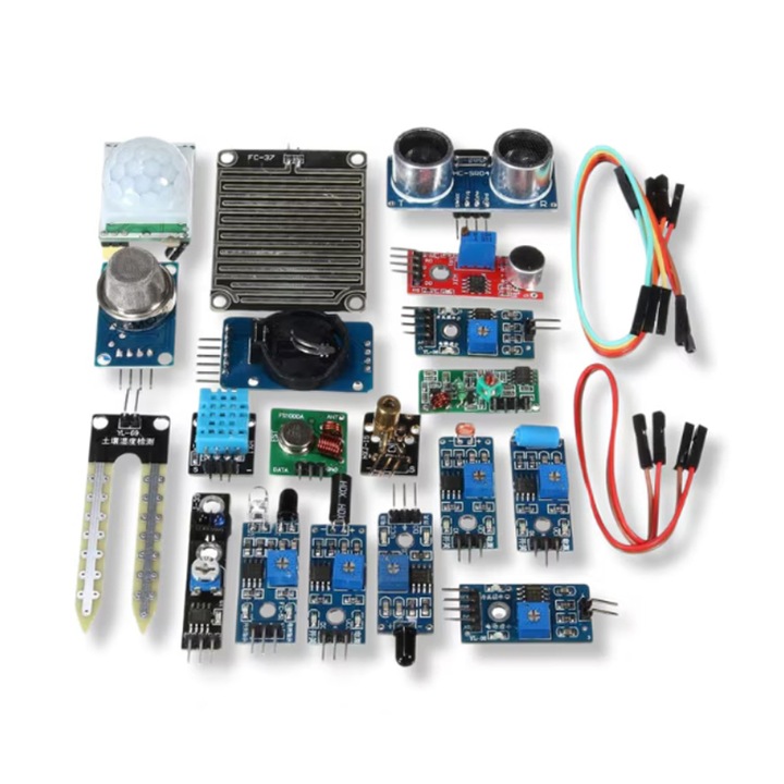 Set de 16 module senzori pentru Raspberry Pi, Rqiurpn, STM32 si alte microcontrolere. Include senzori pentru distanta, miscare, gaze, lumina, vibratii, sunet si inclinare. Ideal pentru proiecte DIY