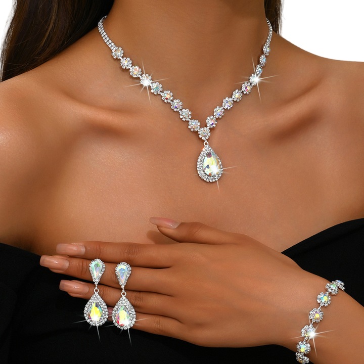 Trio de bijuterii pentru femei, Fantasy, colier, bratara si cercei, pandantiv lacrima, S925 argint, Pietre de stras, Elegant, Nunta, Cina, Banchet, nobil, Petrecere tematica, Strasuri, Lant cu gheare in forma de flori, placate electro, Alb-stralucitor