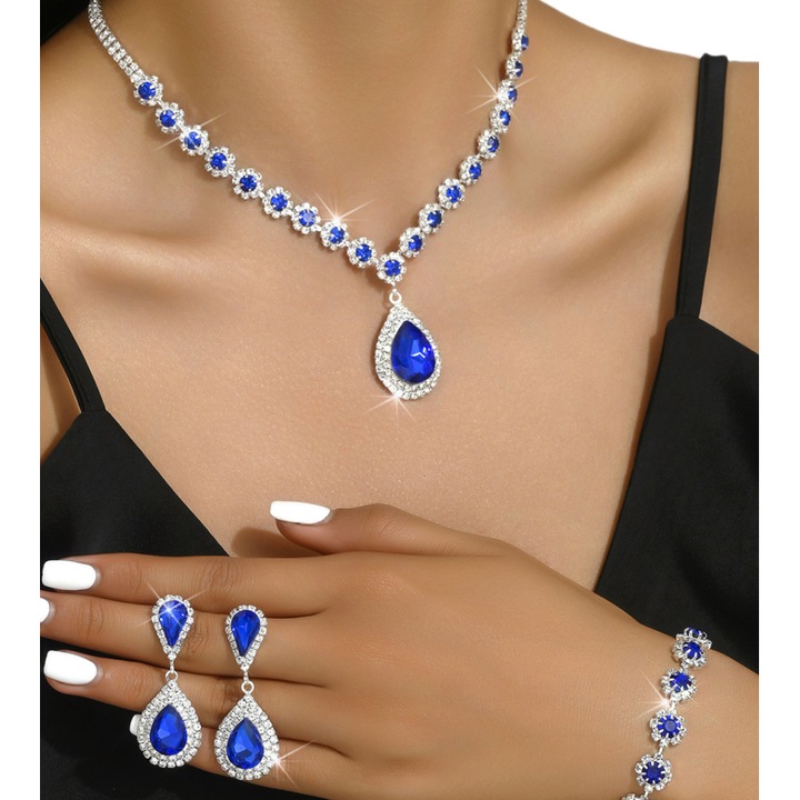 Trio de bijuterii pentru femei, Fantasy, colier, bratara si cercei, pandantiv lacrima, Fantasy, S925 argint, Pietre de stras, Elegant, Nunta, Cina, Banchet, nobil, Petrecere tematica, Strasuri, Lant cu gheare in forma de flori, placate electro, Albastru