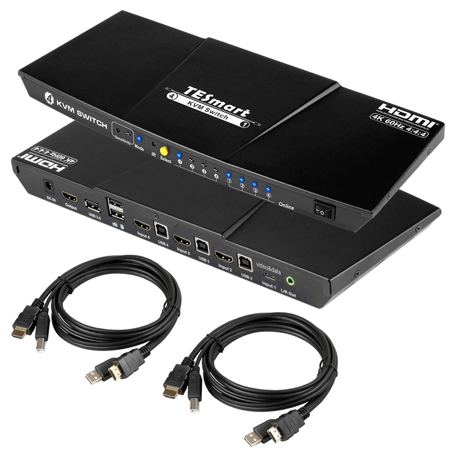 Switch KVM Tesmart 4x1 HDMI + USB-C, 4K@60Hz, 4 PC-uri, Negru Mat