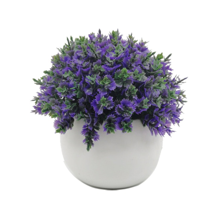 Planta artificiala, ghiveci alb, plastic, 12 cm, violet