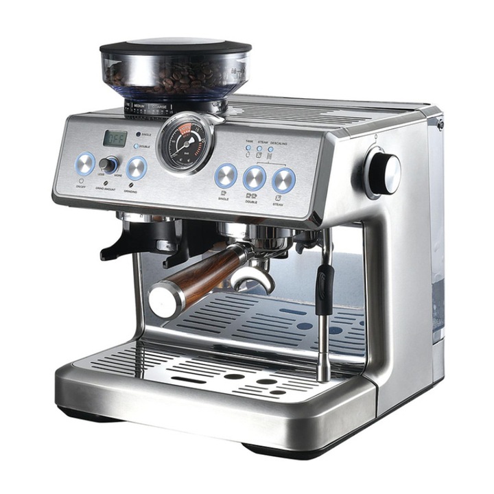 Espressor manual cu rasnita incorporata Finlux FEM-1965M, 2450W, Pompa italiana ULKA 20 bar, 2.2 S, 250 g, Cafea boabe si macinata, Inox