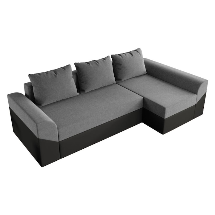 Coltar Cali, extensibil, cu lada depozitare, stofa si piele ecologica, 260 x 137 x 85 cm, Gri Deschis / Gri