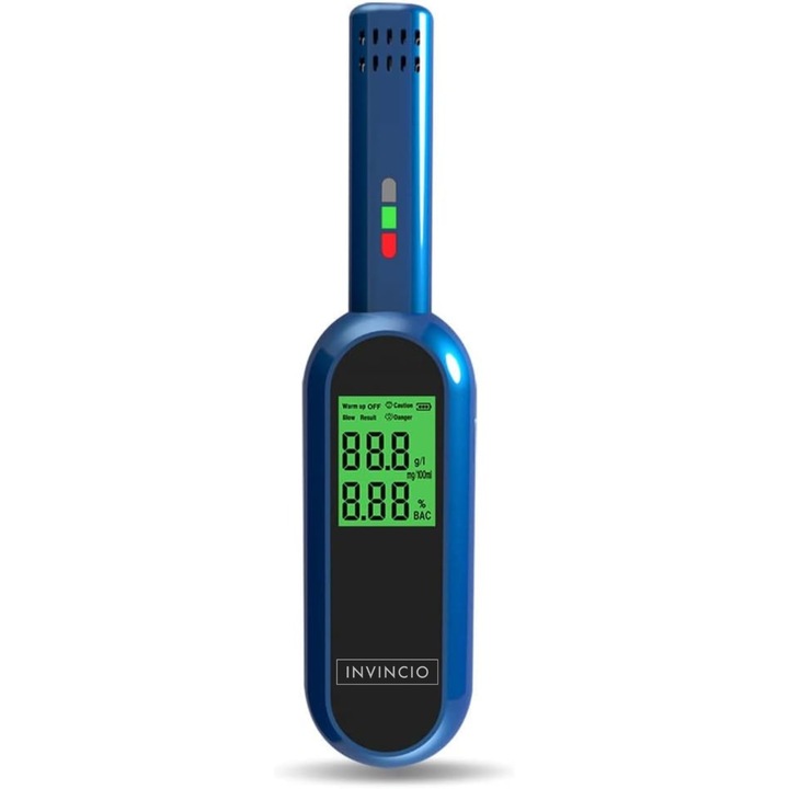Alcooltest portabil NON-CONTACT Invincio Safe, tester alcolemie digital de precizie, acuratete +/-0.01%BAC, usor si compact, nu necesita mustiuc, ideal pentru testari dese rapide la multe persoane, afisaj rapid si utilizare intuitiva, albastru
