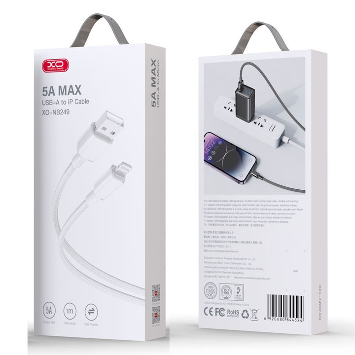 Cablu Date si Incarcare XO (NB249), USB-A la Lightning, 5A, Braided, 1m, White