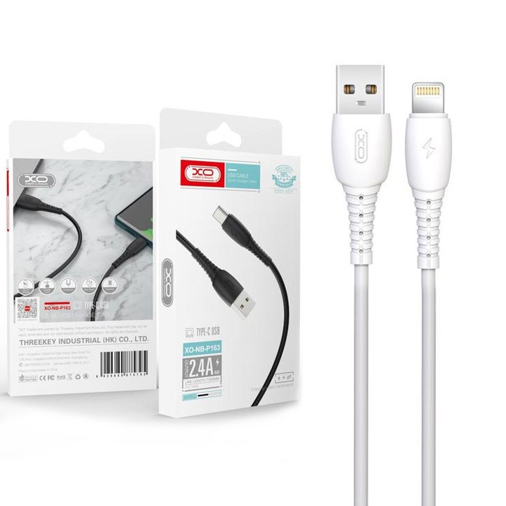 Кабел за данни и зареждане XO (NB-P163), USB-A към Lightning, 2.4A, 1 м, бял