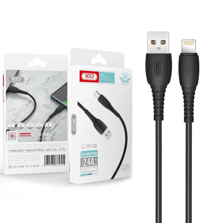 Кабел за данни и зареждане XO (NB-P163), USB-A към Lightning, 2.4A, 1 м, черен