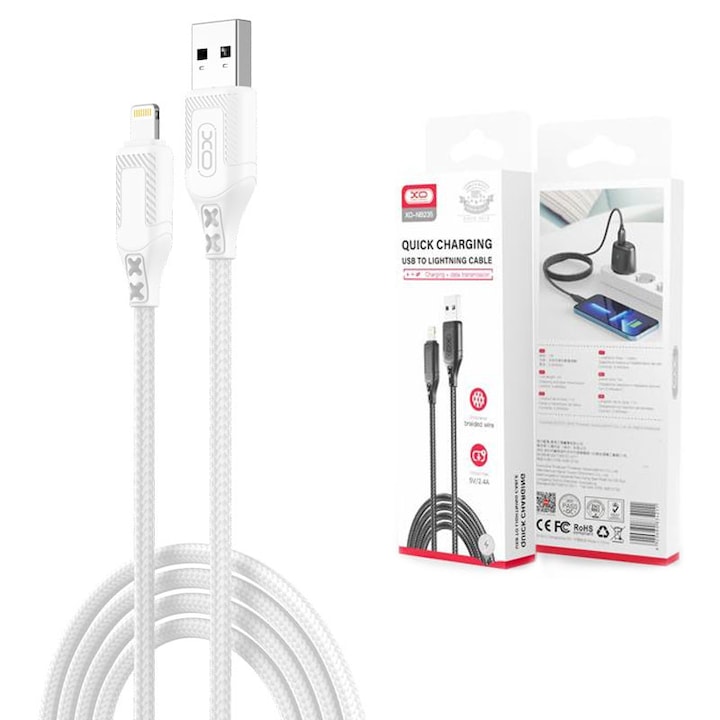 XO (NB235) adat- és töltőkábel, USB-A - Lightning, 2.4A, fonott, 1m, fekete