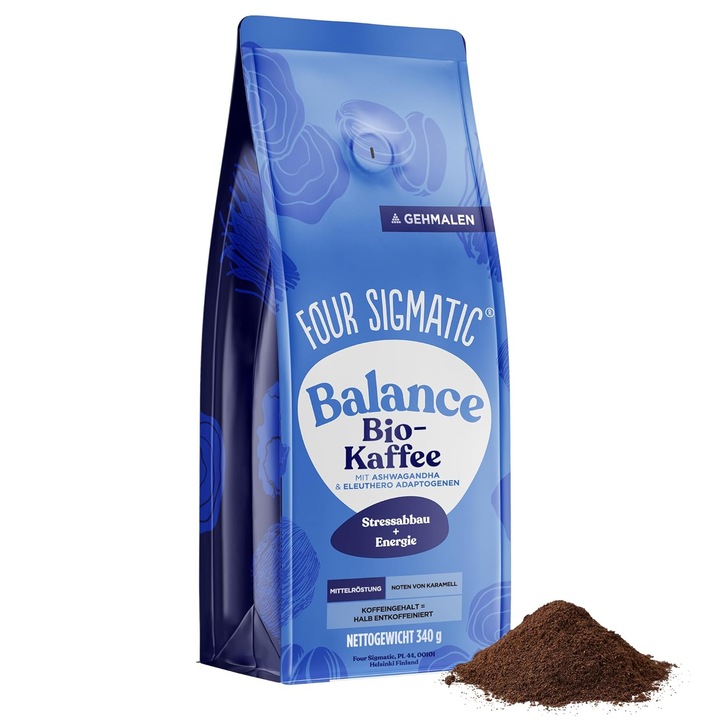 Cafea macinata cu ciuperci Chaga, Eleuthero si Tulsi, cu Ashwagandha, cu note de caramel, Adaptogen care stimuleaza Concentrarea si Energia, Balance, Four Sigmatic, 340g