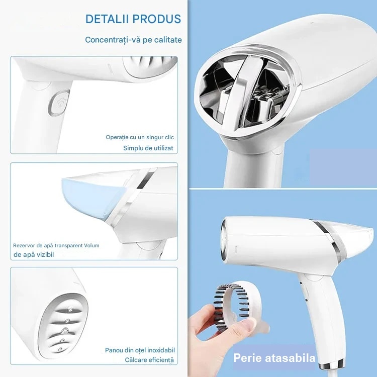 Aparat de calcat vertical si orizontal portabil, PLIABIL, 1000W, incalzire utra-rapida, rezervor 110 ml,10 minute abur continuu, saculet depozitare, perie, Alb