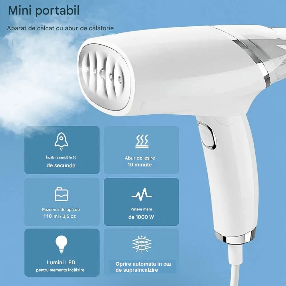 Aparat de calcat vertical si orizontal portabil, PLIABIL, 1000W, incalzire utra-rapida, rezervor 110 ml,10 minute abur continuu, saculet depozitare, perie, Alb