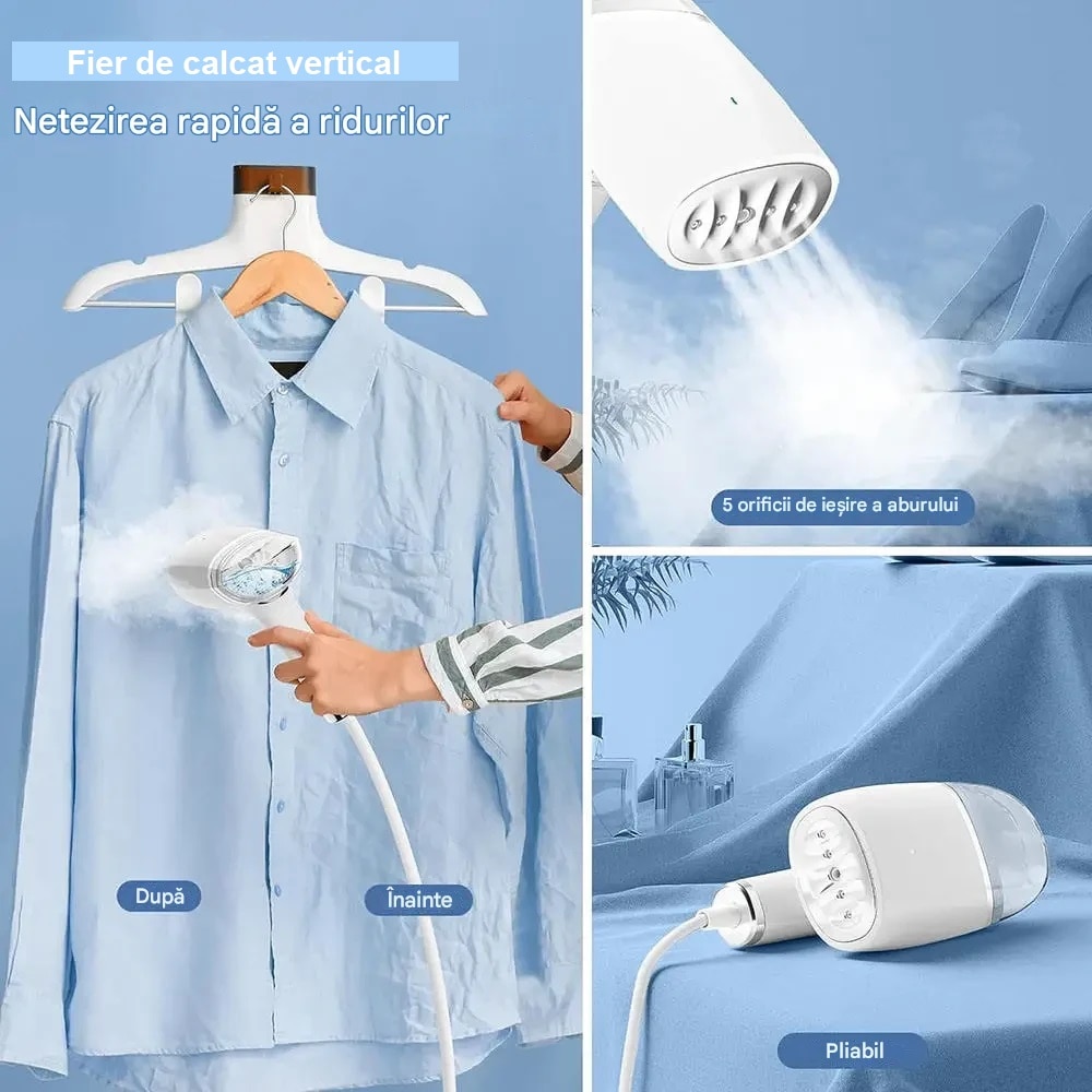 Aparat de calcat vertical si orizontal portabil, PLIABIL, 1000W, incalzire utra-rapida, rezervor 110 ml,10 minute abur continuu, saculet depozitare, perie, Alb