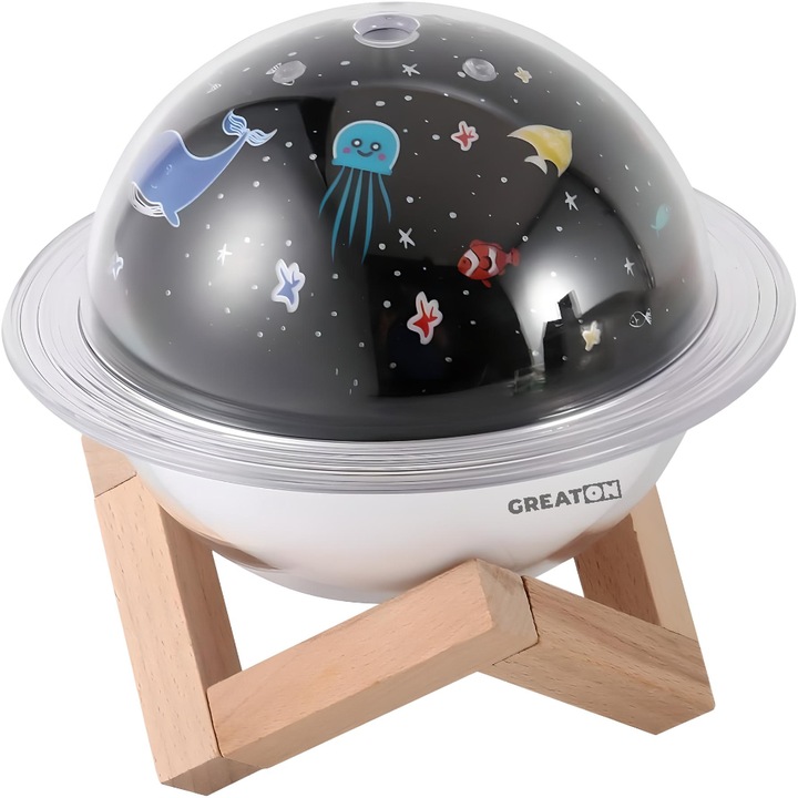 GREATON Planet Saturn párásító aromaterápiás és éjszakai fénnyel – tengeri állatok modellje, 250 ml, 3 fénytípus, 2 permetezési mód, konnektorból tölthető