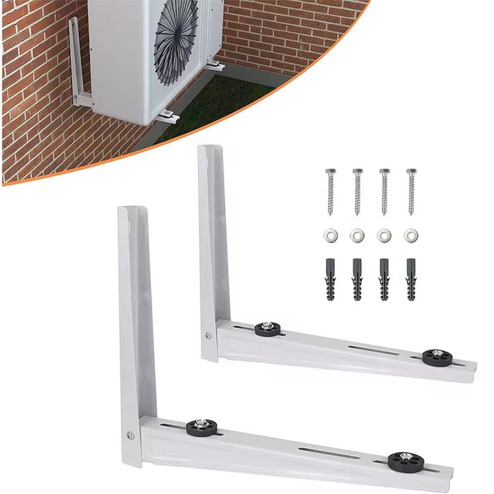 Set 2 console sustinere pentru montaj unitate exterioara aer conditionat, cu 4 tampoane anti vibratii, suport aer conditionat, 9000-12000 BTU, Greutate suportata 120 kg, 450x365mm, Alb