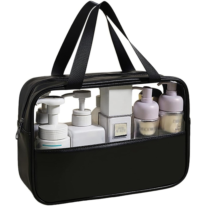 Geanta cosmetice, pentru voiaj sau organizare, material PVC/textil, impermeabila, portabila, 30X21X12 cm, negru