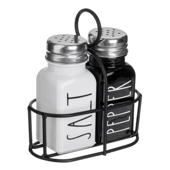 Set 2 solnite din sticla, o baza metalica, alb/negru, 85ml