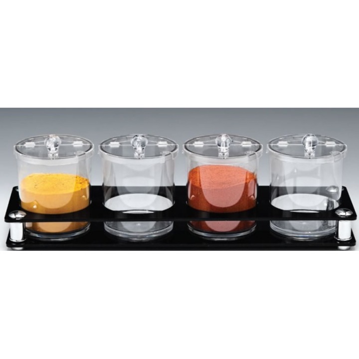 Set recipiente condimente, raki, policarbonat, suport acrilic, 49x14x14cm