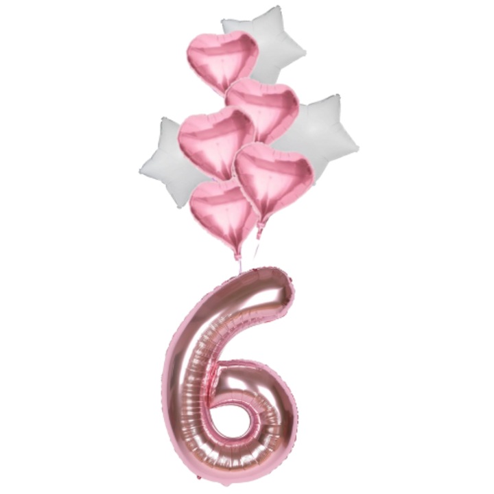 Set 9 baloane folie aniversare 6 ani, cifra 6 roz, 5 baloane inimi roz, 3 stelute albe