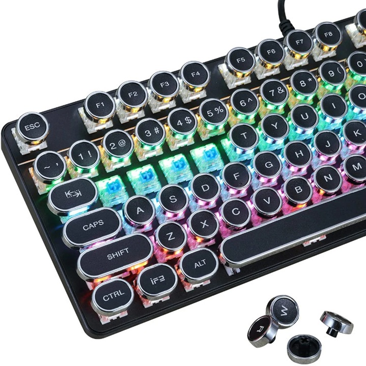 Tastatura mecanică de gaming retro, 87 taste, iluminare RGB, comutatoare albastre, neagră, 350x123x35mm