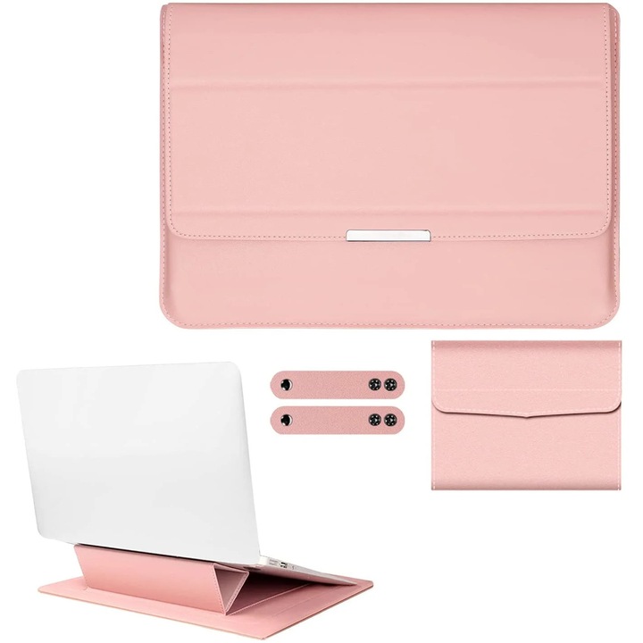 Husa laptop YANYXR BCS3230632 din piele PU cu stand pliabil, interior din fetru, rezistenta la apa, ultra slim, roz