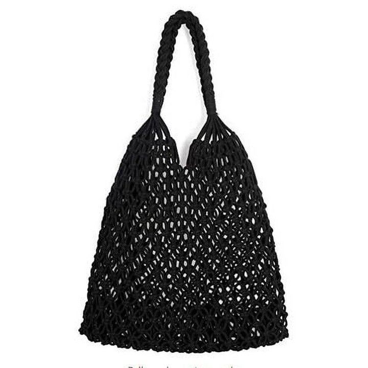 Ръчно изработена сламена чанта, черна, за плаж и пазаруване, комплект за ръка и през рамо, F93366