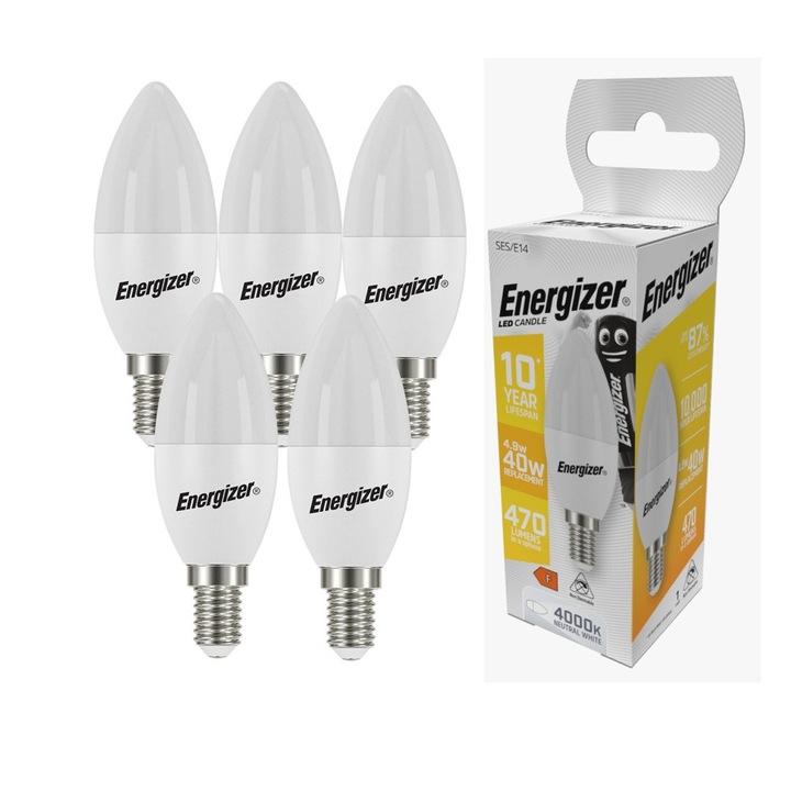 Комплект от 5 LED крушки Energizer, E14, 4.9 W, 470 lm, 4000k, неутрална светлина, енергиен клас F