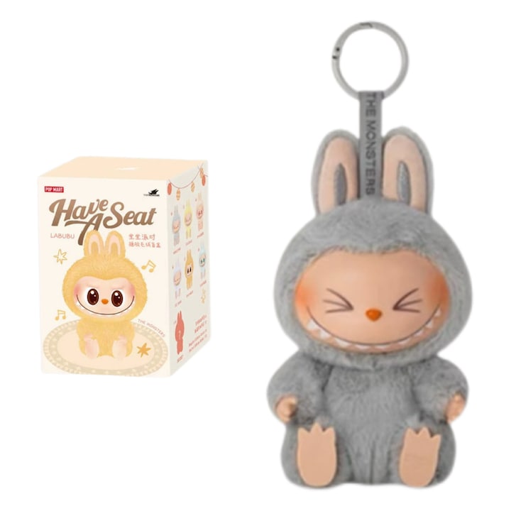 Фигурка Лабубу, AjieQaQ, Поколение 2, С ключодържател, 15см, Сив, 3 години+