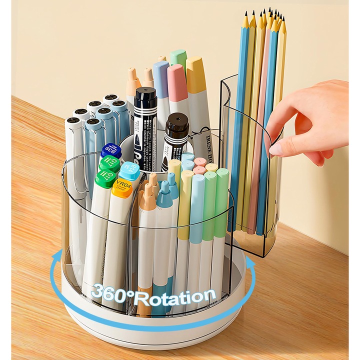 Suport Pixuri Rotativ, Organizator Birou cu 6 Compartimente Detasabile, Cutie Depozitare Creioane, Alb, Birou/Acasa