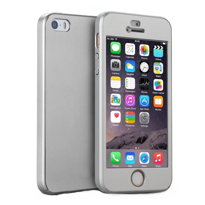 Full Cover 360°-os tok (elöl + hátul + üveg) iPhone 5 / SE / 5S, ezüst