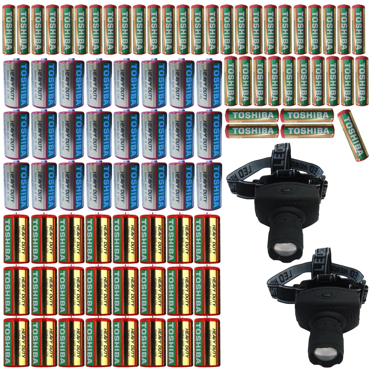 Pachet - 24 x Baterie Toshiba Heavy Duty, Size C, R14, 1.5V + 24 x Baterie R20 Toshiba 1.5V + 40 x Baterie R6 Toshiba AA 1.5V + 2 x Lanterna frontala LED mare