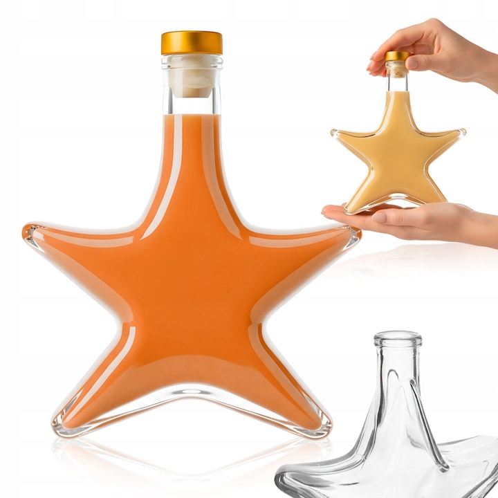 Set Sticla Cu Dop Auriu, SuperButelki, Stea, 500 ml, Sticla, Forma Decorativa In Forma De Stea, Inchisa Cu Dop, Sticla Groasa Si Solida,19.5 x 17 x 6.8 cm, Transparenta