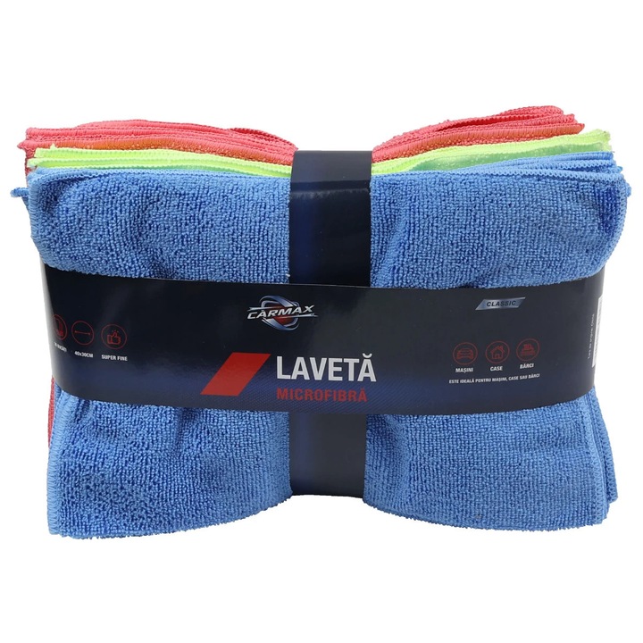 Laveta auto, Carmax, pentru multisuprafete, microfibra, 40 x 30 cm, albastru / galben / rosu, set 20 bucati