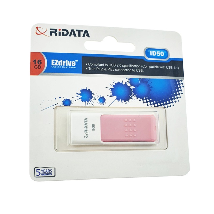 Memorie USB 2.0 Flash Drive RiDATA 16GB, EZdrive ID50, conector retractabil, roz