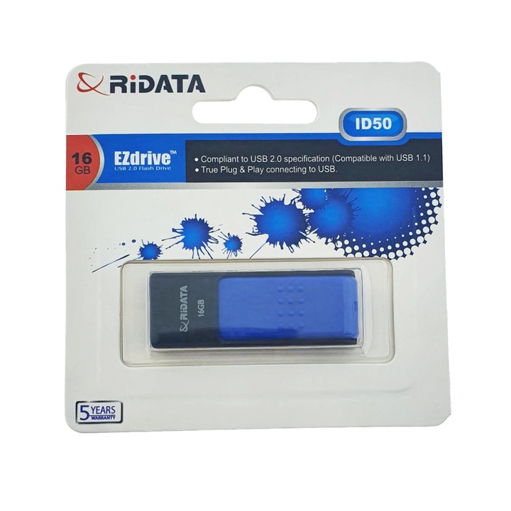 Memorie USB 2.0 Flash Drive RiDATA 16 GB, EZdrive ID50, conector retractabil, albastru