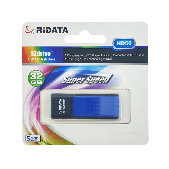 Memorie USB 3.0 Flash Drive RiDATA 32GB, EZdrive HD50, conector retractabil, albastru