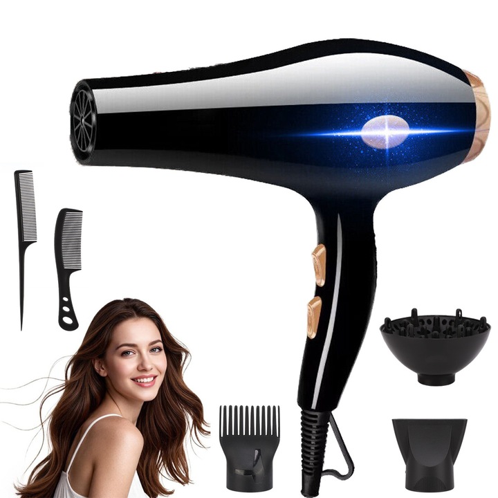 Професионален сешоар, 2400W, 3 температурни степени, черен, с 2 концентриращи приставки и 1 дифузер