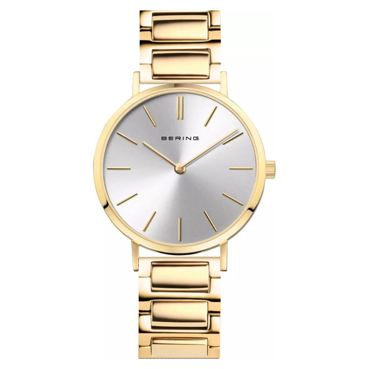 Ceas dama Bering 14134-730, cadran argintiu, carcasa si bratara galbene, 34x6mm, rezistent la apa 30m