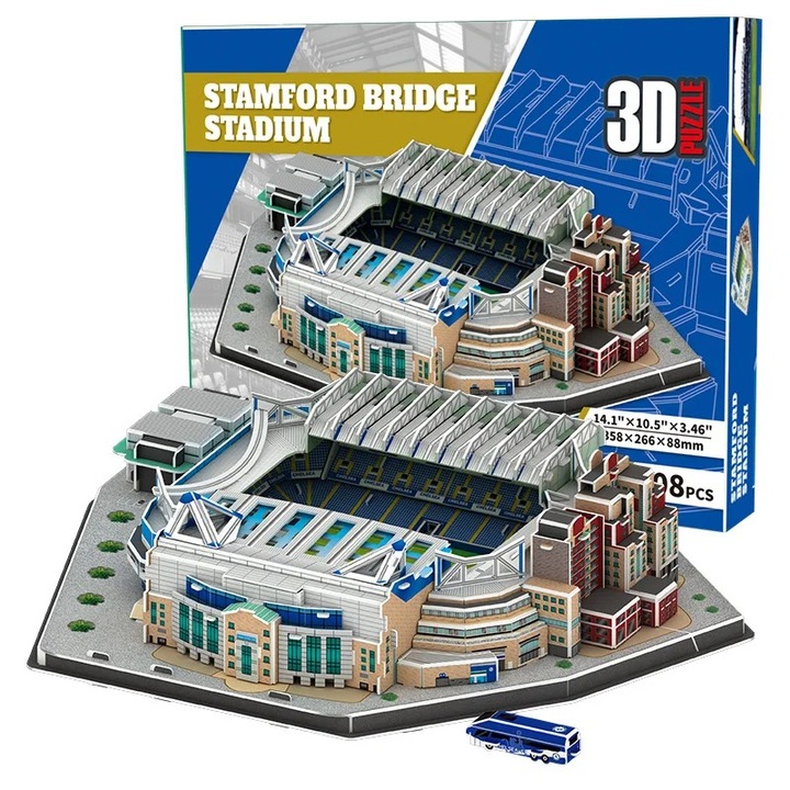 DIY Modell Puzzle 3D Sztereó Chelsea Stamford Bridge Labdarúgó Stadion - Saját Összeszerelésű Fából, Díszítő Elem Rajongóknak és Könyvtáraknak