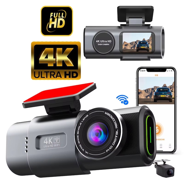 Автомобилна видеокамера/видеорегистратор DVR AMYMAT E19, 4K UHD двуканален преден и заден видеорегистратор, 2160p, Wi-Fi, GPS, нощен сензор, 3" екран, пълен комплект с камера за задно виждане