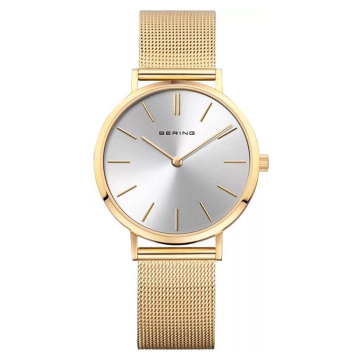 Ceas dama Bering 14134-330, bratara din otel inoxidabil, cadran argintiu, galben, 34x6mm