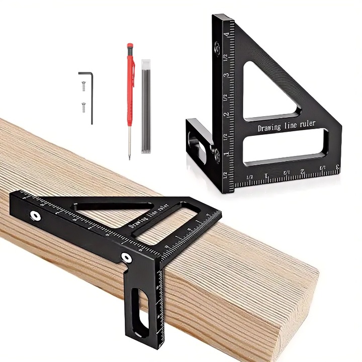 Excitat, Angiometru Patrat 3D, 45/90 grade, Aliaj Aluminiu, Multifunțional, Negru