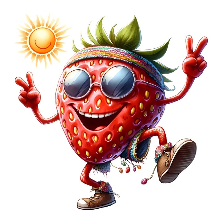 Sticker Capsuna amuzanta de vara dansato, Fructe, Autoadeziv, Cri-Flo, Marime 6 cm